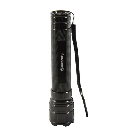 Mercury FL10C 10W CREE LED torch in matt black anodised aluminium with knurled grip, tailcap switch and wrist strap, shown upright on a white background.