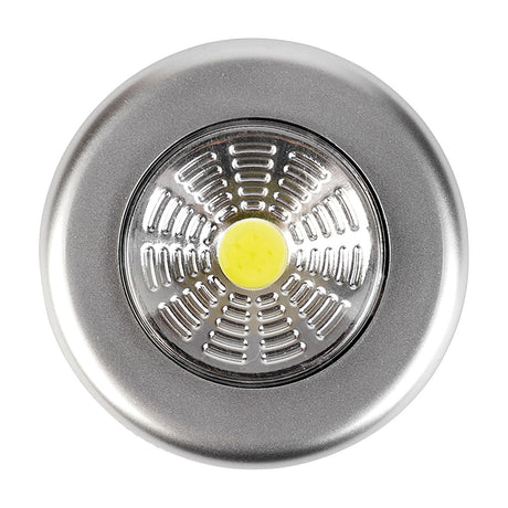 LYYT battery COB LED push light with circular brushed silver housing and central cool white 6000K LED, shown on a plain white background.
