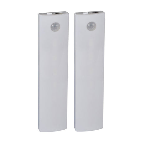 LYYT Motion Sensing LED Light 2-pack, slim white rechargeable PIR units with top-mounted sensor and USB-C port, shown on a plain white background.