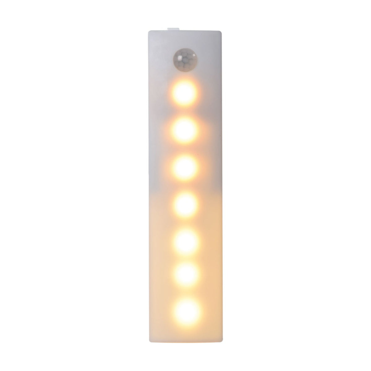 LYYT motion sensing LED light by AVSL, white plastic rectangular unit with PIR sensor and seven illuminated warm LEDs behind a frosted diffuser.