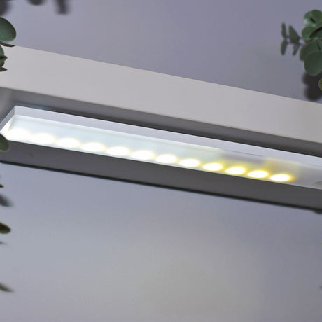 LYYT 36 LED motion sensing light bar by AVSL, illuminated in white mode on a magnetic adhesive strip mounted beneath a white shelf.