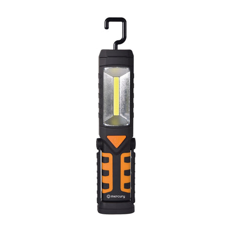 Mercury 3-in-1 rechargeable handheld worklight with black and orange casing, COB LED panel, top torch, folding hook, and rotating clip, on a white background.