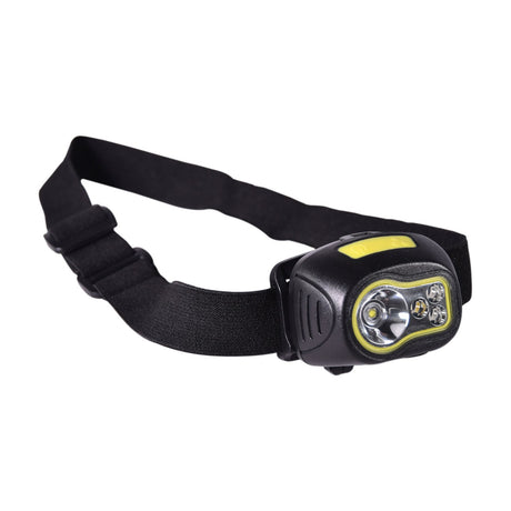 Mercury 3W XPE head torch in black with adjustable elastic strap, front housing with main LED lens and three coloured LEDs, on a plain white background.