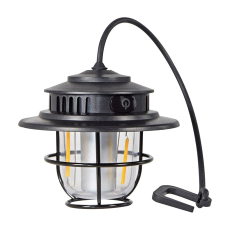 LYYT Rechargeable LED Outdoor Lantern in matt black textured plastic with wire cage, clear lens, power button, and arched hanging cord with hook.
