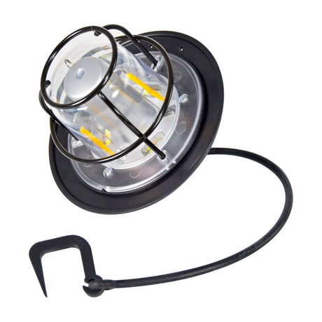 LYYT rechargeable LED outdoor lantern by AVSL in matt black with wire cage, clear lens, integrated LED filaments, and hanging hook cord on white.