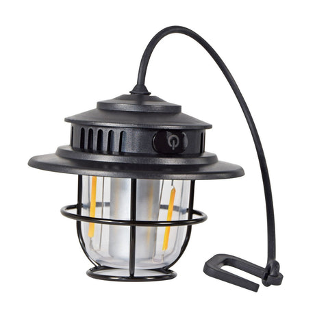 A sleek black LYYT Outdoor Rechargeable LED Hanging Lantern features a curved hook and protective grid around the glass, making it ideal for camping. Showcasing a simple, modern design and versatile lighting modes, this solar-powered lantern is presented against a plain white background.