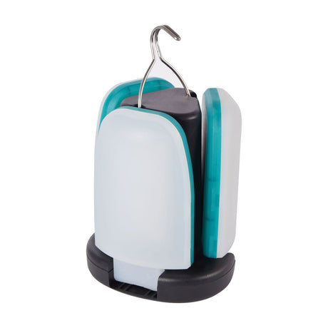 LYYT LED foldable camping light by AVSL, shown partially open with three white plastic blades, black base and metal hanging hook on a white background.
