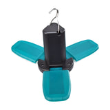 LYYT LED foldable rechargeable camping light by AVSL with three teal blades partially deployed around a black cylindrical base and metal hanging hook.
