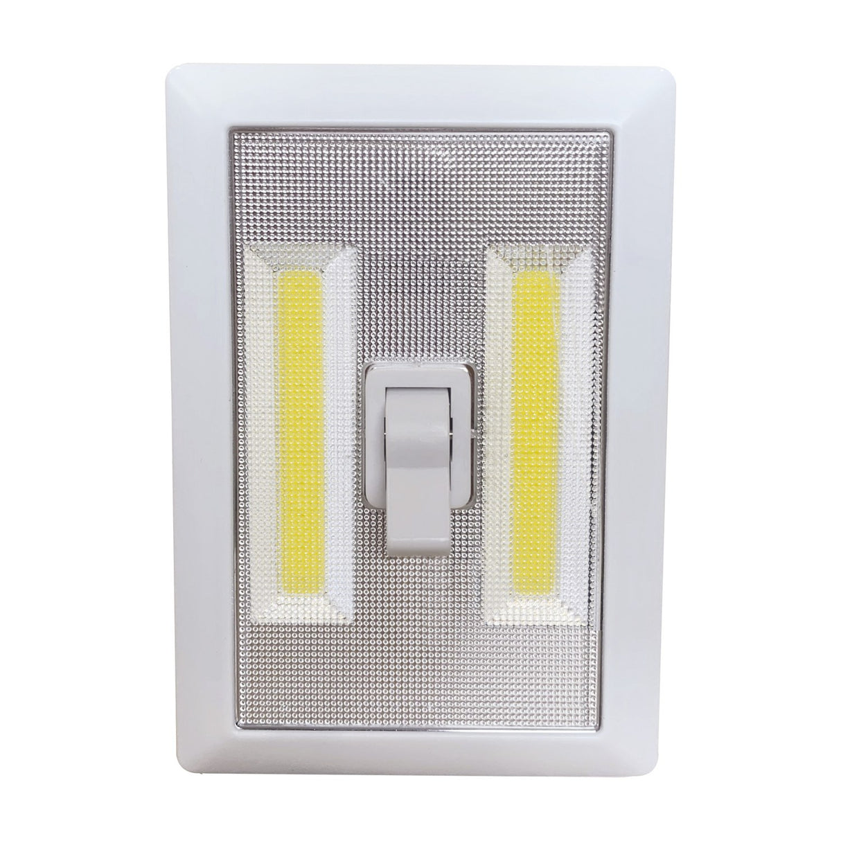LYYT LED Battery Switch Light in white, with two yellow COB LED strips flanking a centre rocker switch on an ABS housing, shown on a plain background.