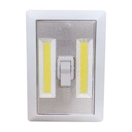 LYYT LED Battery Switch Light in white, with two yellow COB LED strips flanking a centre rocker switch on an ABS housing, shown on a plain background.