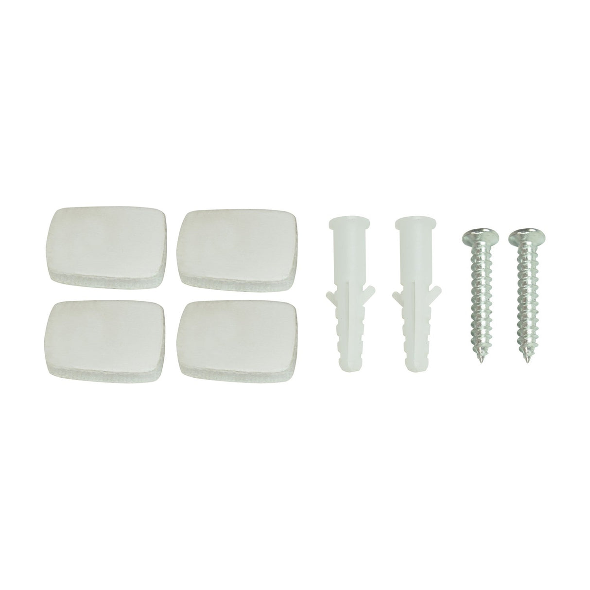 LYYT LED battery switch light mounting kit by AVSL with four white adhesive pads, two wall plugs and two screws on a plain background.