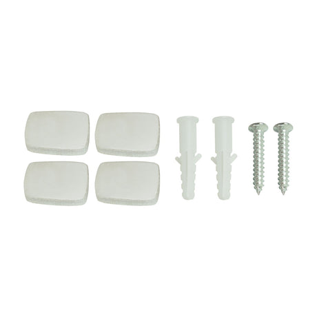 LYYT LED battery switch light mounting kit by AVSL with four white adhesive pads, two wall plugs and two screws on a plain background.