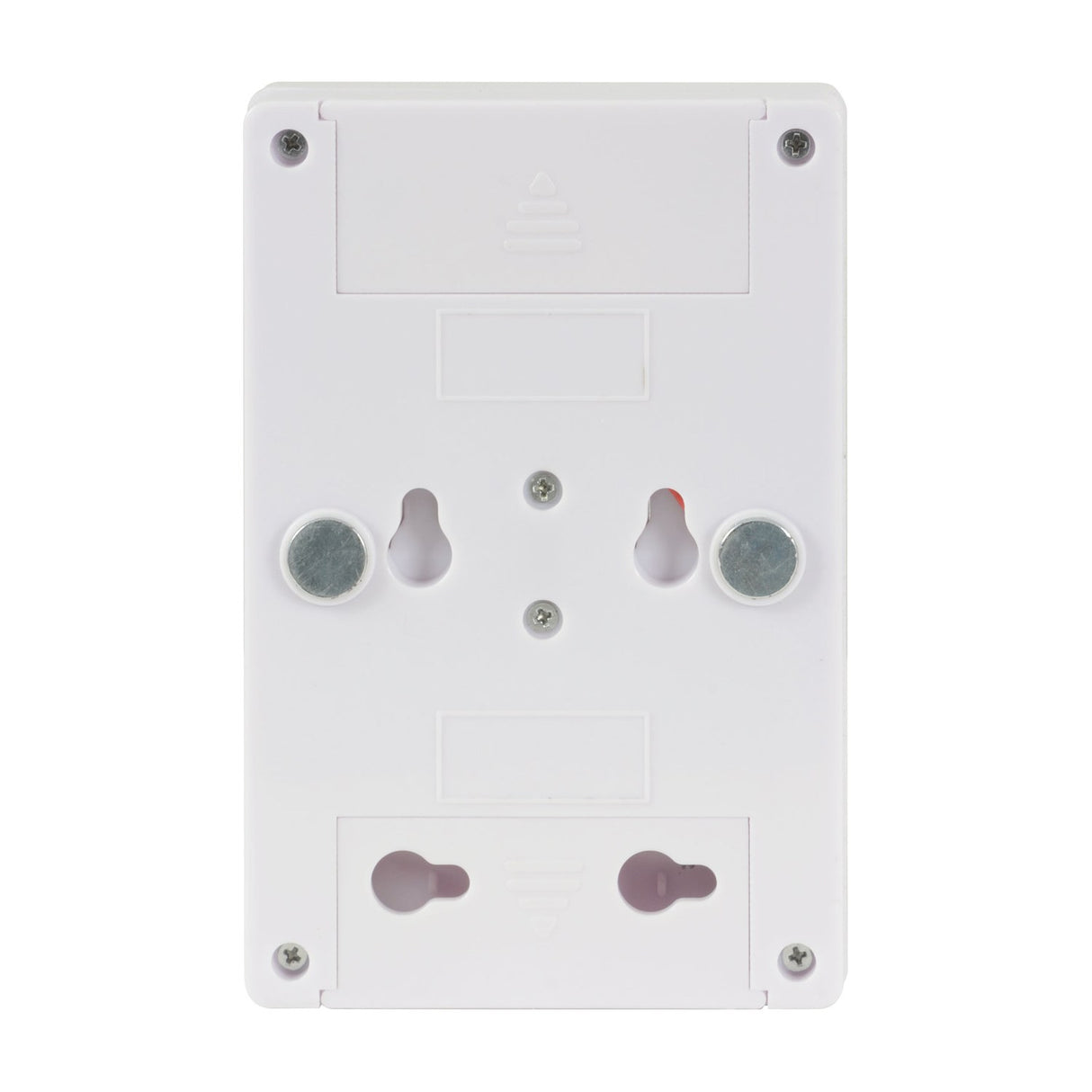 Rear view of the LYYT LED Battery Switch Light by AVSL, showing white ABS housing with magnetic pads, keyhole screw slot and battery compartment.