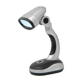 AVSL LYYT 12 LED USB desk lamp with adjustable silver head, curved silver and black rubberised stem, and oval base with power button, on a white background.