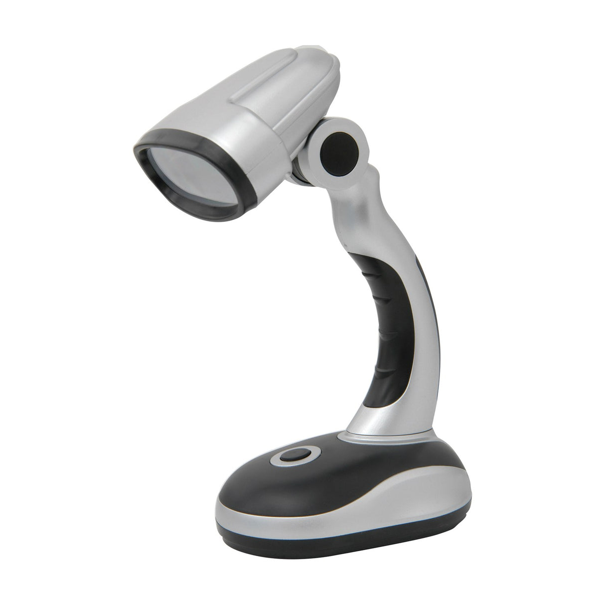 LYYT 12 LED USB desk lamp in silver and black with adjustable head, rubberised handgrip stem and weighted base, shown on a plain white background.