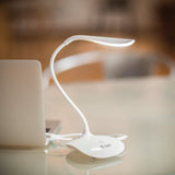 LYYT white LED touch sensor USB desk lamp with flexible gooseneck stem, illuminated head and nightlight base, shown on a desk beside a laptop.