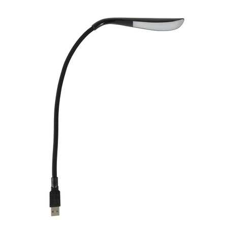 LYYT flexible USB LED task lamp in black with rubber gooseneck stem, flat LED diffuser head, and USB-A plug, shown on a plain white background.