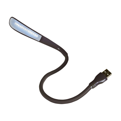 LYYT flexible USB LED task lamp in black with rubber gooseneck stem, illuminated LED diffuser panel head, and USB-A plug, shown on a white background.