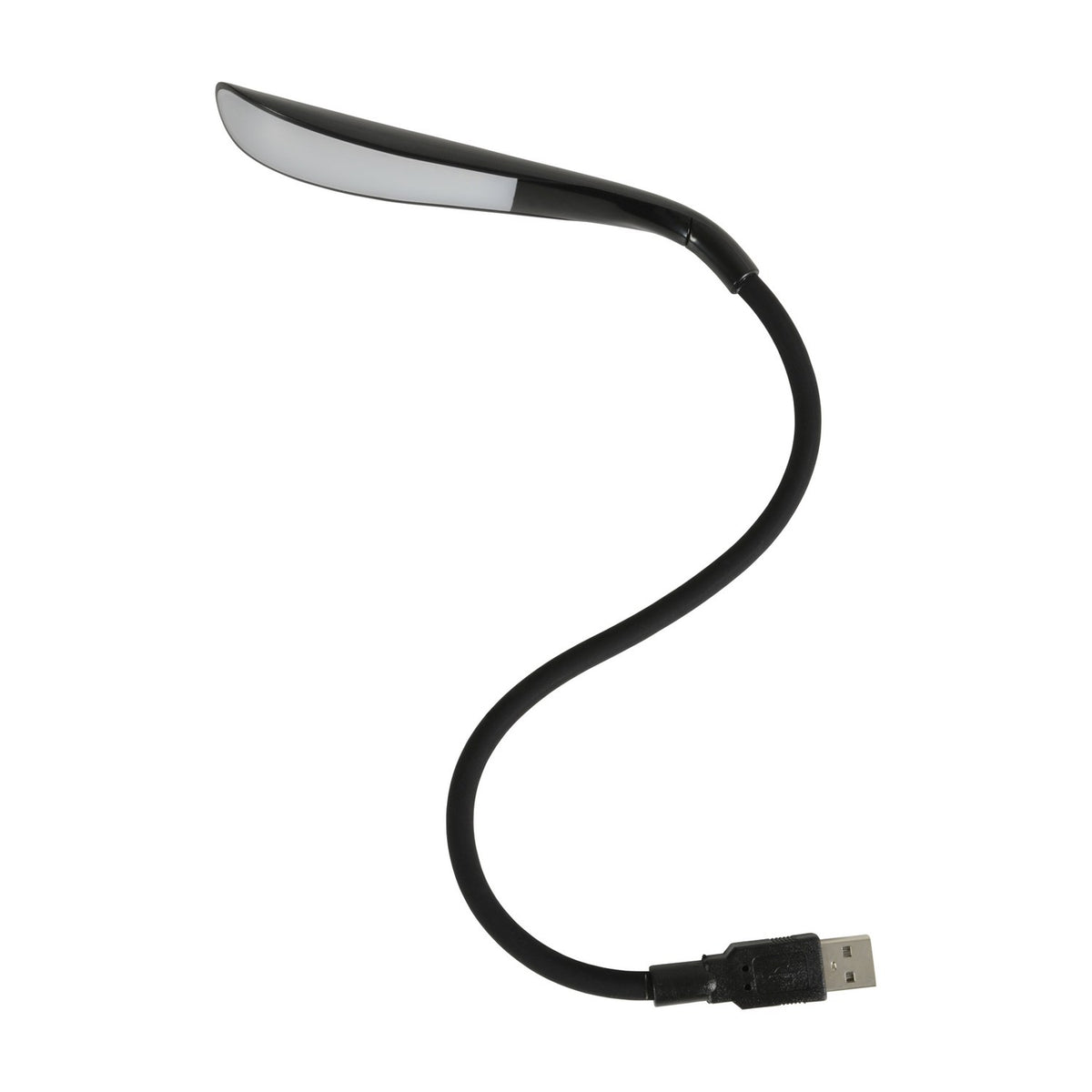 LYYT flexible USB LED task lamp in black with rubber gooseneck stem, flat diffuser head and USB-A plug, shown on a plain white background.