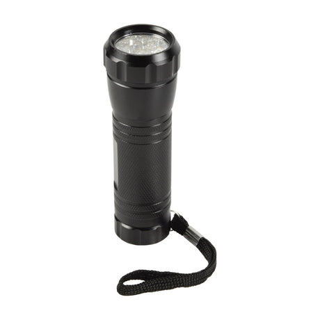 Mercury 9LED-UV aluminium UV torch and note checker in matte black with knurled grip, LED cluster lens and wrist strap, shown on a white background.