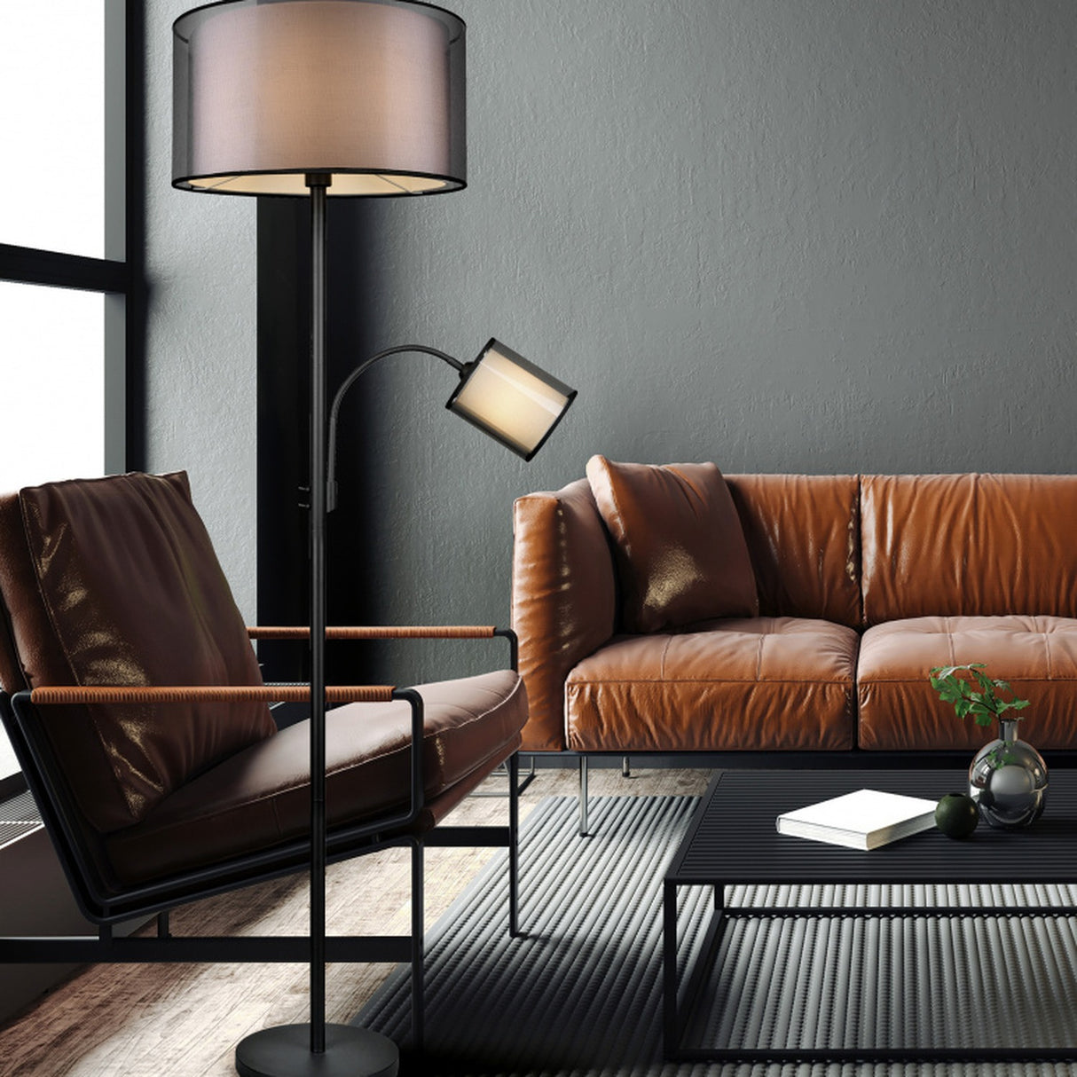 Burton 2 Light Fabric Floor Lamp – Matt Black