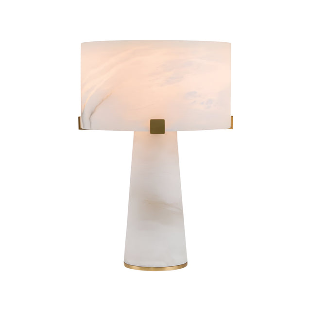 The Virello 3 Light Large Compact Alabaster Table Lamp – Soft White features a modern cylindrical white marble base, matching drum-shaped shade, gold brackets, and gold trim at the base for a contemporary touch.