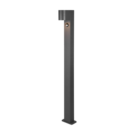Roya 100cm PIR outdoor lamp post in anthracite aluminium, slim squared column on a low base plate with a compact head housing a single light, shown against a plain white background.
