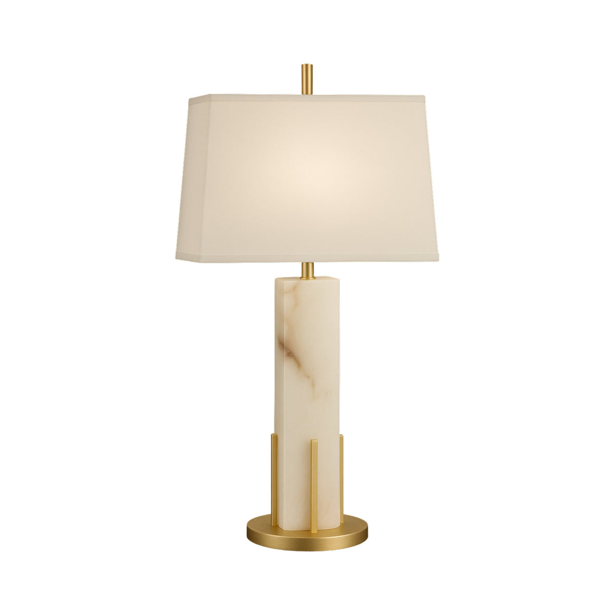 The Strataform 1 Light Framed Alabaster Table Lamp – Brass & Soft White features a rectangular white shade, a marble base with brown veining, and elegant brass accents, offering timeless sophistication in any modern space.