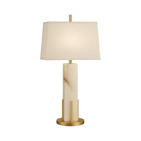 The Strataform 1 Light Framed Alabaster Table Lamp – Brass & Soft White features a rectangular white shade, a marble base with brown veining, and elegant brass accents, offering timeless sophistication in any modern space.