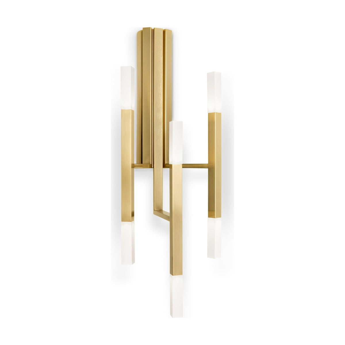 Satin gold LED wall light with three square iron arms on a fluted backplate, each arm lit at both ends by frosted acrylic diffusers.