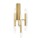 Satin gold LED wall light with three square iron arms on a fluted backplate, each arm lit at both ends by frosted acrylic diffusers.
