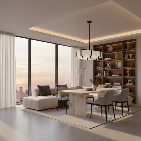A modern dining and living area with city sunset views, a light wood table for six, white sofa, open shelving, and soft contemporary lighting from the Albyso LED Twin Drop Alabaster Chandelier – Matte Black & Soft White.