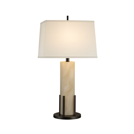 The Strataform 1 Light Framed Alabaster Table Lamp in Matte Black & Soft White features a cylindrical alabaster base, matte black accents, and a rectangular white shade. When lit, it casts a warm, inviting glow.