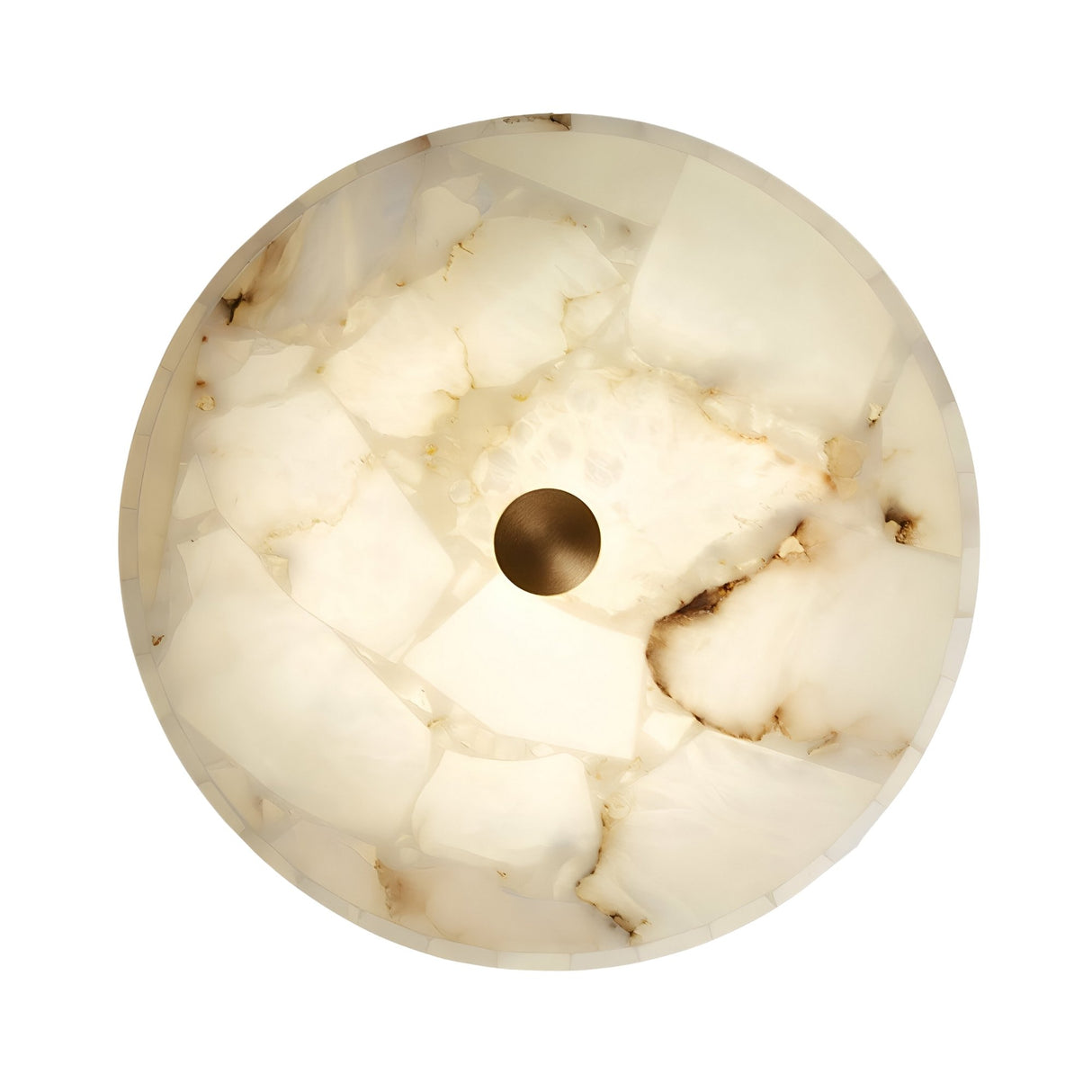 The Veltrix LED Medium Round Alabaster Flush Ceiling Light features a mosaic of translucent white and beige alabaster, softly backlit in soft white, with a brushed brass center accent.