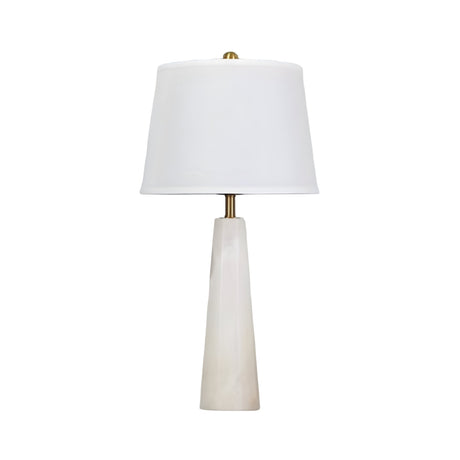 The Orix 1 Light Pillar Alabaster Table Lamp – Soft White features a modern minimalist design with a white tapered rectangular alabaster base, wide white fabric shade, and subtle brushed brass details for an elegant touch.