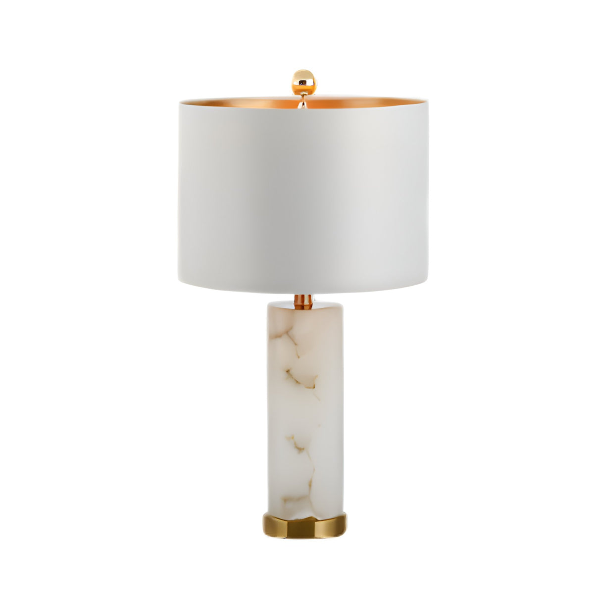 The Calix 1 Light Faceted Pillar Alabaster Table Lamp features a brushed brass base and soft white shade, offering elegant ambient lighting with its modern design against a white background.