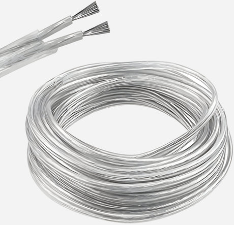 The Core 5m Transparent Cable features a coiled bundle of clear braided wire, with an inset close-up showing multiple silver strands. This neatly arranged cable is perfect for lighting installations, offering flexible lighting solutions thanks to its transparent design and durable construction.