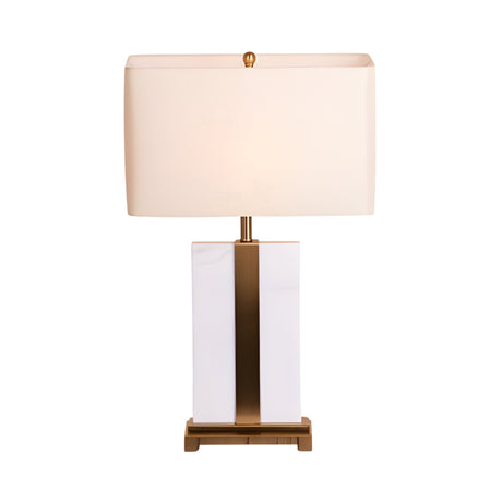 The Elvaris 1 Light Framed Marble Table Lamp in brass and white showcases a rectangular base and large white shade, offering modern architectural style against a plain white background.