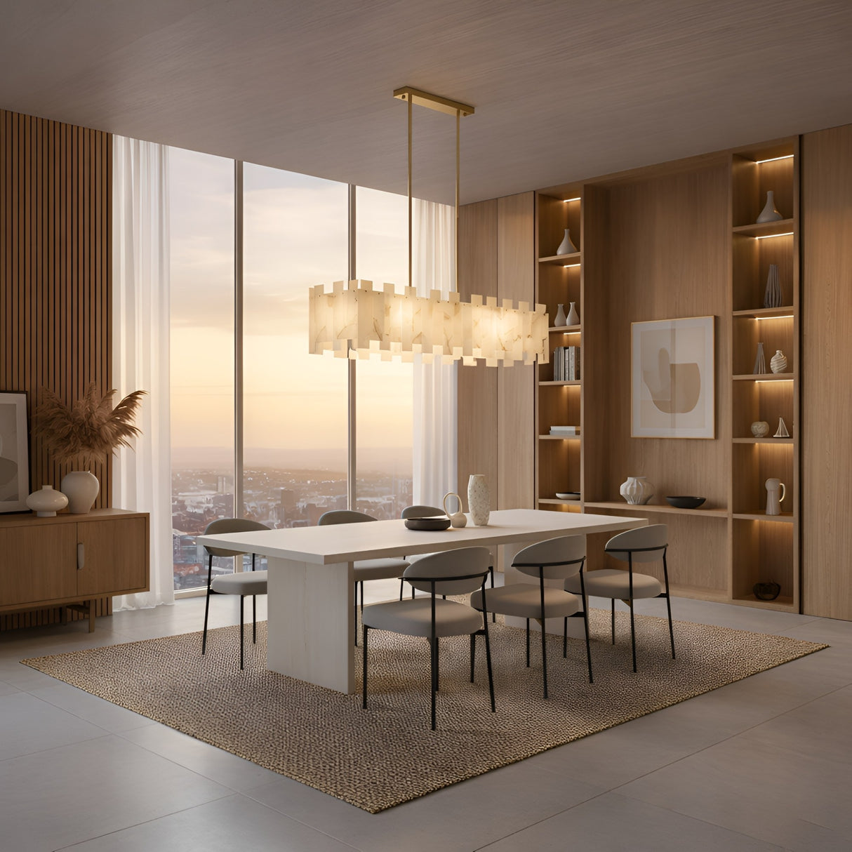 Modern dining room with a long white table, eight gray chairs, the Zarelli 6 Light Interlocking Panel Alabaster Linear Chandelier in Soft White & Brass, built-in wooden shelves, large city-view windows, and neutral tones.