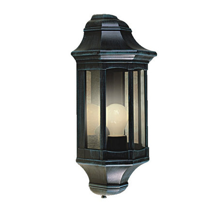 Corbel Small cast aluminium outdoor half lantern wall light in black-green finish with polycarbonate panels and E27 bulb, shown against a plain white background.