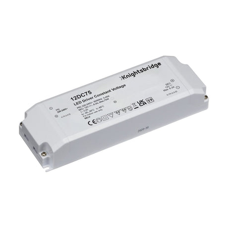 The 75W Constant Voltage LED Driver 12V is a rectangular white device providing consistent voltage with marked specifications. It features input, output, and warning symbols, along with Knightsbridge branding prominently displayed on top. This SELV Class II device boasts a clean design with labeled ports on both ends.