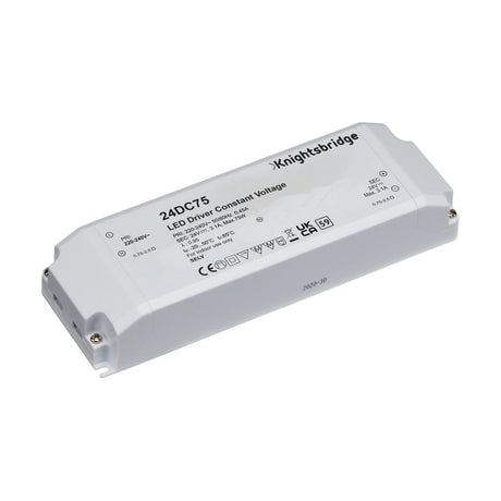 The rectangular 75W Constant Voltage LED Driver 24V, designed for a constant voltage power supply, features technical specifications and safety symbols printed on its surface, along with advanced overload protection capabilities to ensure optimal performance.