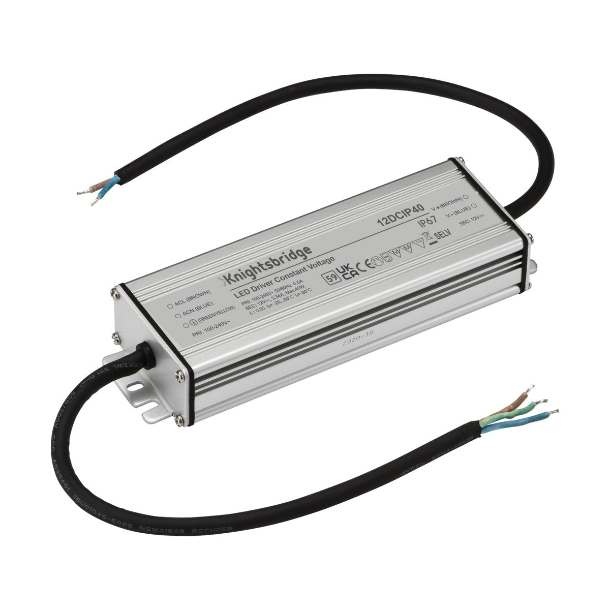 The 12V IP67 40W DC LED Driver - Constant Voltage features a rectangular silver metal casing with labeling and technical specifications on the top surface. It has black power cables on each end and is designed for constant voltage applications. With an IP67 rating, it ensures durability in challenging environments.