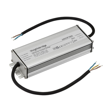 A rectangular 100W Constant Voltage LED Driver with a silver casing, showing model number and specifications. This IP67-rated driver includes two black cables extending from each side, complete with stripped wire ends for connecting to a power source.