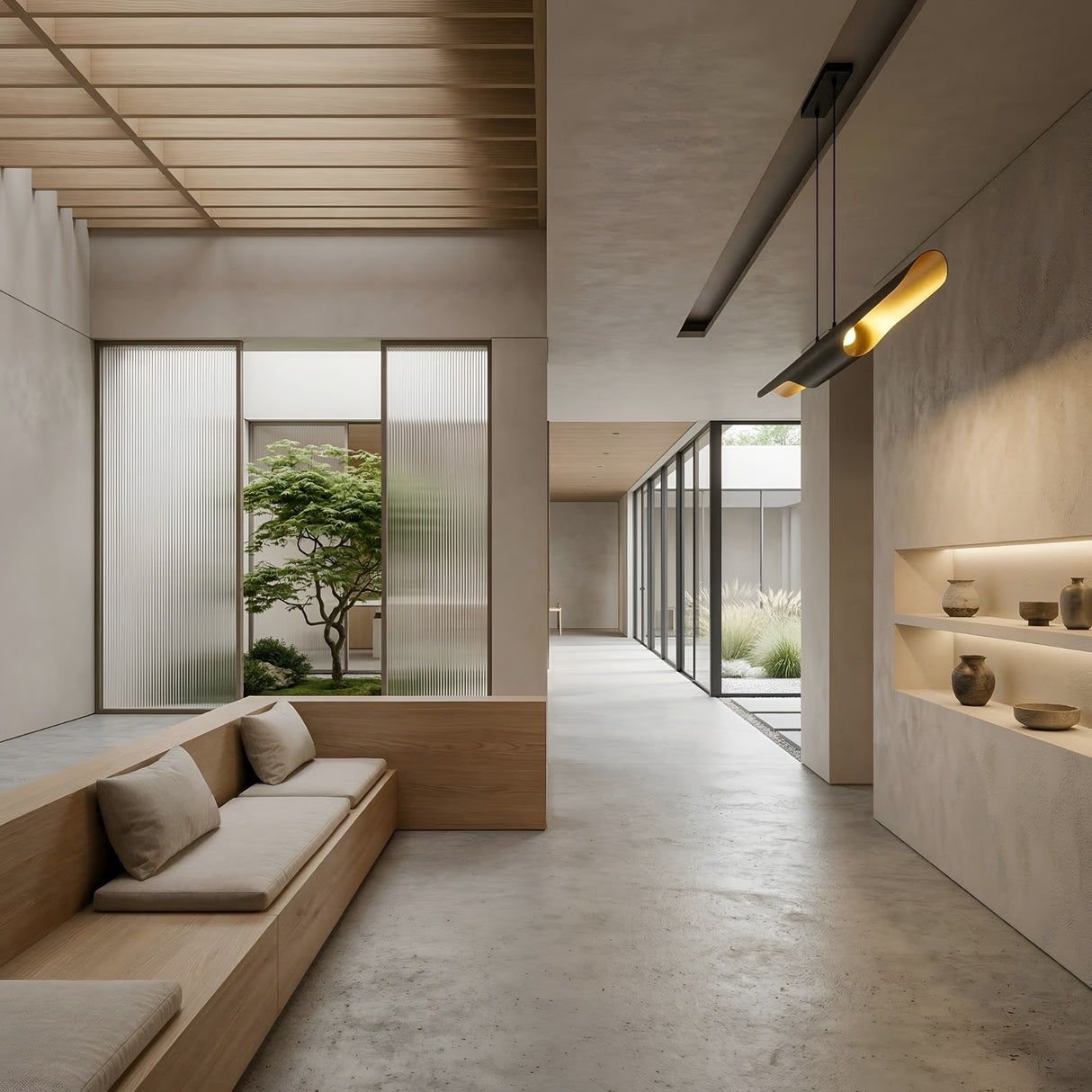 A minimalist, modern interior with light wood and neutral tones features a built-in bench, pottery on shelves, and the Stealth 2 Light Linear Suspension in Brass & Black. Large windows showcase a green tree as natural light brightens the space.