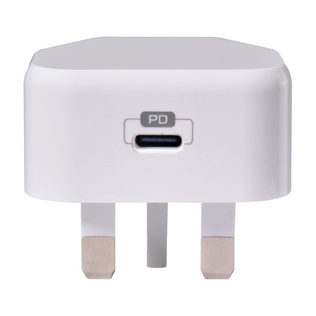 Mercury 20W PD USB-C low profile charger by AVSL, white UK three-pin plug with single USB-C port labelled PD, shown on a plain white background.