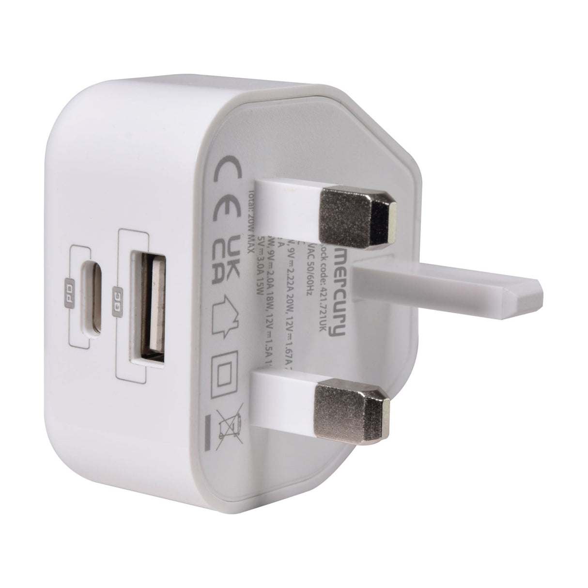 Mercury 20W USB-A & USB-C Fast Charge Mains Charger