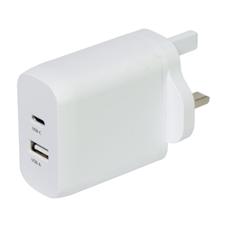 Mercury 45W GaN fast charger by AVSL in white with USB-C and USB-A ports and a UK three-pin plug, shown on a plain white background.
