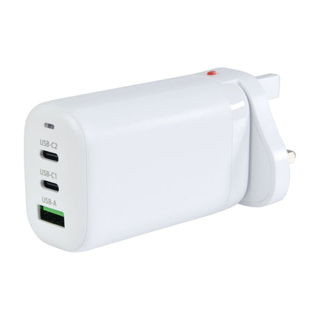 Mercury 65W GaN travel charger by AVSL in white with USB-A and two USB-C ports, red reset button and folded UK plug pins, on a plain background.
