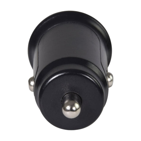 Mercury compact black car charger viewed end-on showing the metal tip and side contacts of the 12–24V plug on a white background.